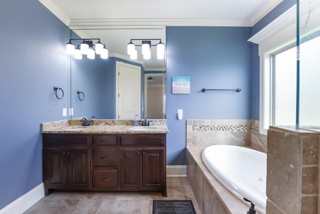 bathroom with ornamental molding, baseboards, a bath, double vanity, and tile patterned flooring