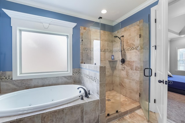ensuite bathroom featuring a stall shower, a jetted tub, and crown molding