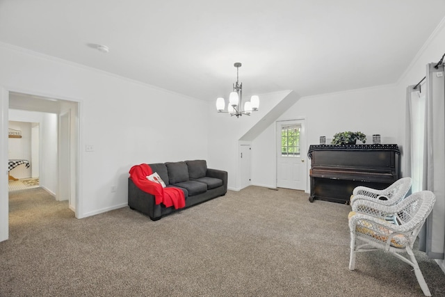 1885 N Soules Chapel Rd, Cunningham, TN 37052 - living area featuring a chandelier, ornamental molding, carpet, and baseboards