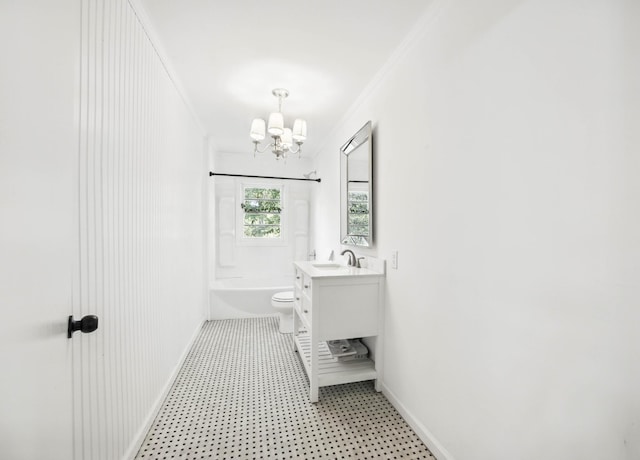 1885 N Soules Chapel Rd, Cunningham, TN 37052 - full bath featuring a chandelier, baseboards, vanity, toilet, and bathtub / shower combination