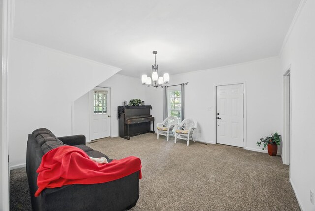 1885 N Soules Chapel Rd, Cunningham, TN 37052 - living area featuring carpet floors, healthy amount of natural light, a chandelier, and ornamental molding