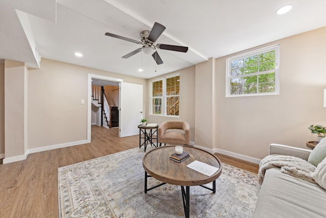 1614 Shady Cir, Lebanon, TN 37087 - living room with stairway, baseboards, wood finished floors, ceiling fan, and recessed lighting