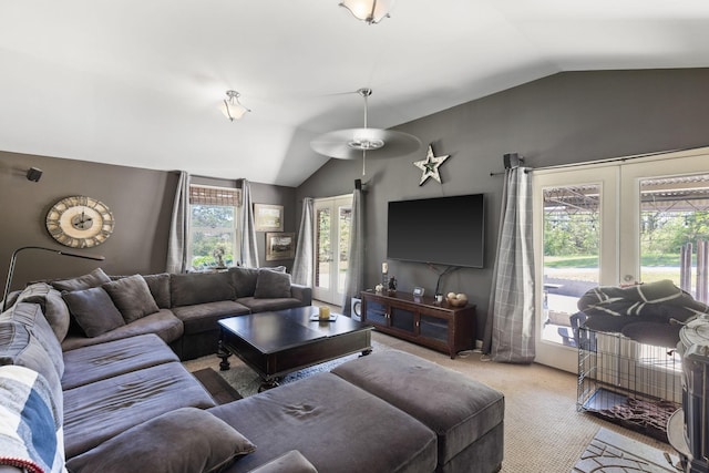 1515 Owen Rd, Brentwood, TN 37027 - living room featuring lofted ceiling, french doors, plenty of natural light, carpet floors, and ceiling fan