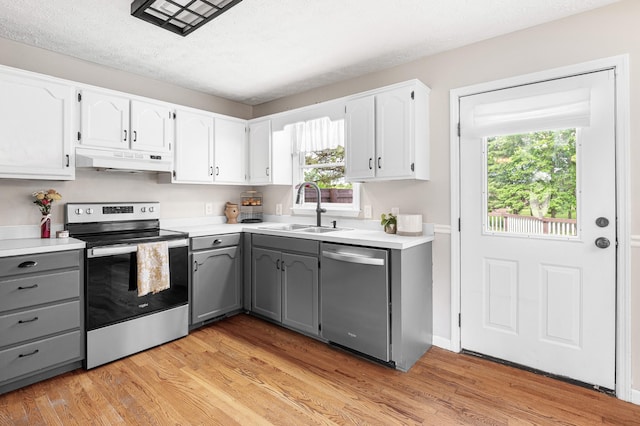 kitchen featuring stainless steel appliances, under cabinet range hood, gray cabinets, a sink, and light wood-style floors