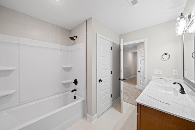 full bathroom with double vanity, shower / washtub combination, tile patterned floors, and baseboards
