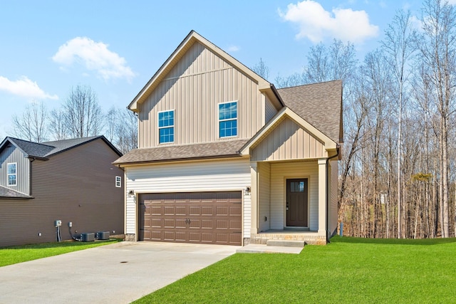 craftsman-style house with an attached garage, board and batten siding, concrete driveway, a front lawn, and roof with shingles