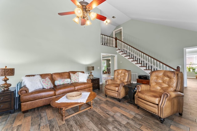 707 Bradford Pl, Murfreesboro, TN 37130 - living room featuring hardwood / wood-style flooring, stairway, ceiling fan, and high vaulted ceiling