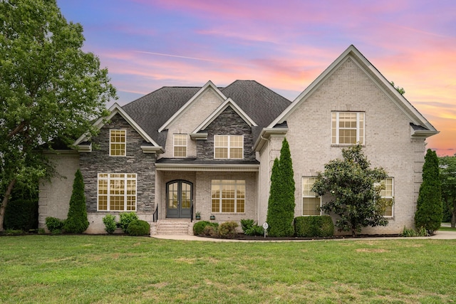 2804 Battleground Dr, Murfreesboro, TN 37129 - view of front of property featuring french doors, a front lawn, stone siding, and brick siding