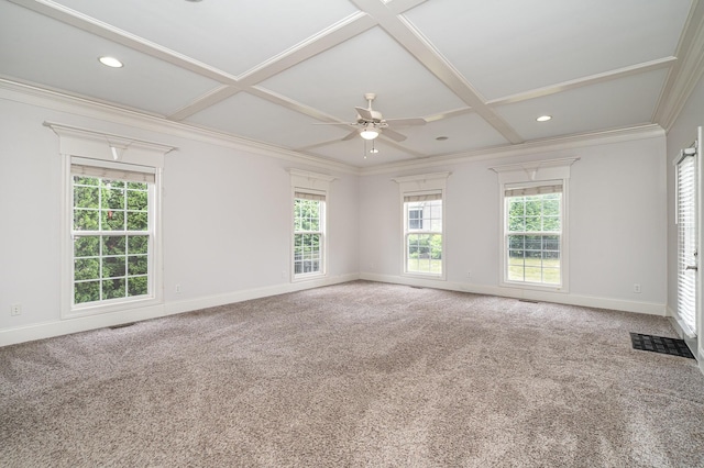 2804 Battleground Dr, Murfreesboro, TN 37129 - carpeted empty room featuring coffered ceiling, ceiling fan, healthy amount of natural light, baseboards, and ornamental molding