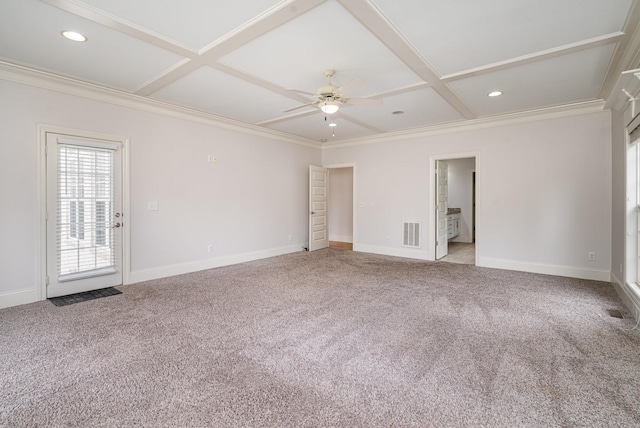 2804 Battleground Dr, Murfreesboro, TN 37129 - spare room featuring coffered ceiling, carpet flooring, baseboards, ceiling fan, and ornamental molding