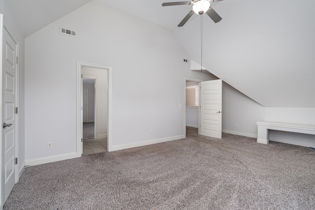 2804 Battleground Dr, Murfreesboro, TN 37129 - additional living space with carpet floors, a ceiling fan, baseboards, and high vaulted ceiling