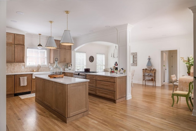 635 Band Dr, Franklin, TN 37064 - kitchen featuring a sink, decorative backsplash, high end range, light countertops, and light wood-type flooring