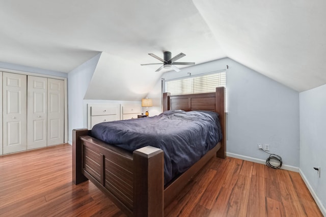 142 Kimberly Rd, Hohenwald, TN 38462 - bedroom with wood finished floors, vaulted ceiling, a closet, and ceiling fan