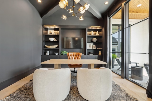 9052 Passiflora Ct, College Grove, TN 37046 - home office featuring light wood-style flooring, a chandelier, built in shelves, and beamed ceiling