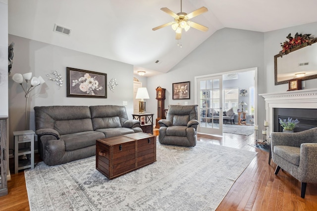 825 S Browns Ln Unit 1501, Gallatin, TN 37066 - living area with ceiling fan, wood-type flooring, high vaulted ceiling, and a glass covered fireplace