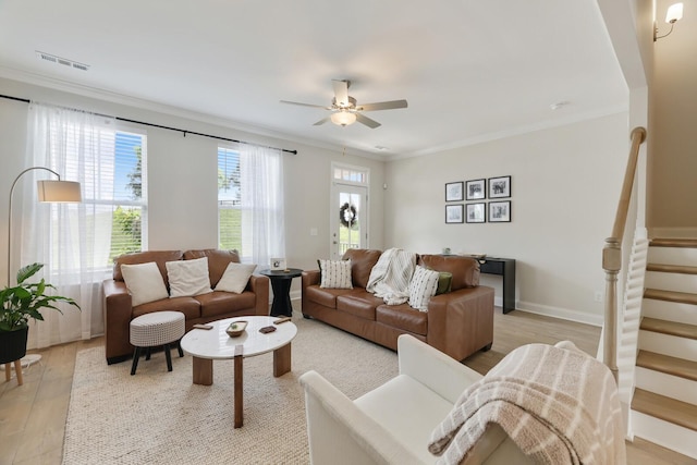 362 Savoy Loop, Nolensville, TN 37135 - living area featuring stairs, crown molding, a ceiling fan, and light wood-style flooring