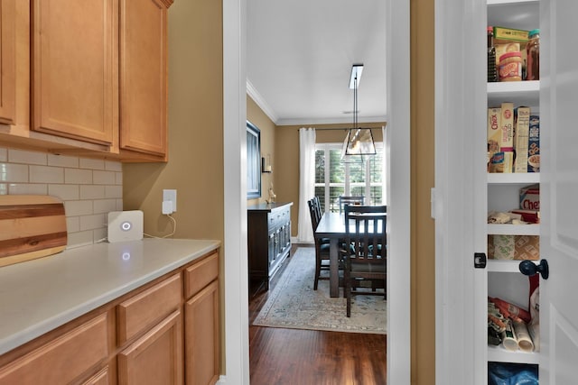 606 Tywater Crossing Blvd, Franklin, TN 37064 - kitchen featuring dark wood-style flooring, crown molding, light countertops, and decorative backsplash