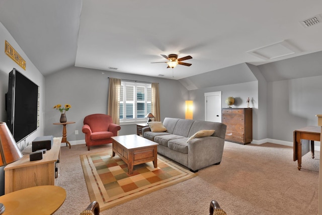 606 Tywater Crossing Blvd, Franklin, TN 37064 - living area featuring lofted ceiling, attic access, light carpet, ceiling fan, and baseboards