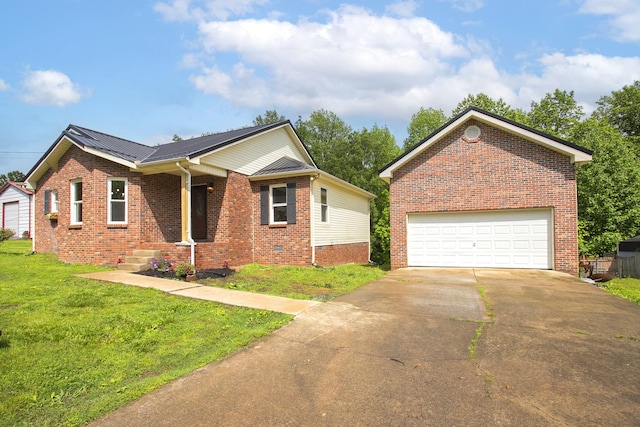 1011 Bon Meade Dr, Burns, TN 37029 - view of front of property with brick siding, a front yard, metal roof, crawl space, and driveway