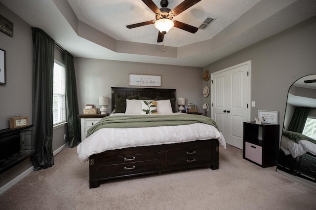 3307 Stormello Ln, Murfreesboro, TN 37128 - bedroom featuring light carpet, a tray ceiling, and multiple windows
