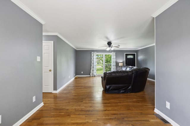 114 Clover Dr, Columbia, TN 38401 - living area featuring ceiling fan, wood finished floors, baseboards, and ornamental molding