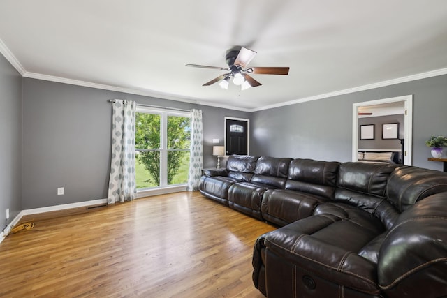114 Clover Dr, Columbia, TN 38401 - living area with a ceiling fan, ornamental molding, wood finished floors, and baseboards