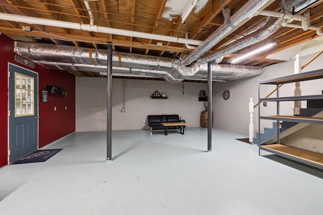 114 Clover Dr, Columbia, TN 38401 - unfinished below grade area with stairway and concrete block wall