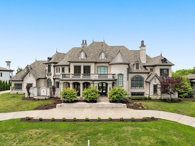 443 Canterbury Rise, Franklin, TN 37067 - french country inspired facade featuring a balcony, stone siding, a chimney, and a front yard