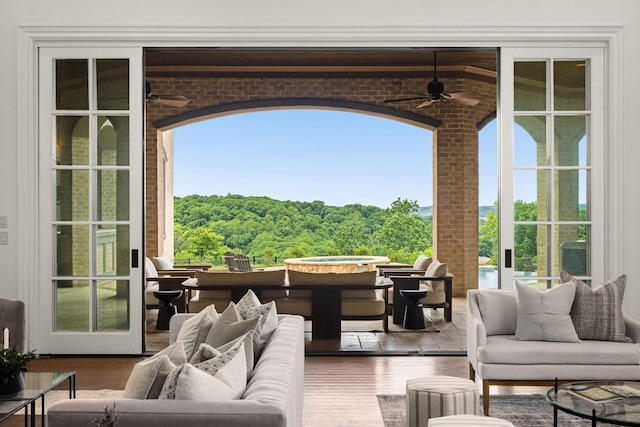 443 Canterbury Rise, Franklin, TN 37067 - view of patio / terrace featuring outdoor lounge area, ceiling fan, a deck, and a wooded view