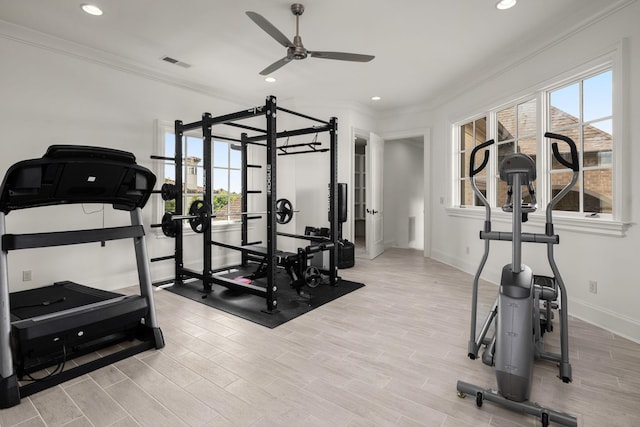 443 Canterbury Rise, Franklin, TN 37067 - exercise area featuring ornamental molding, a ceiling fan, baseboards, recessed lighting, and wood finished floors