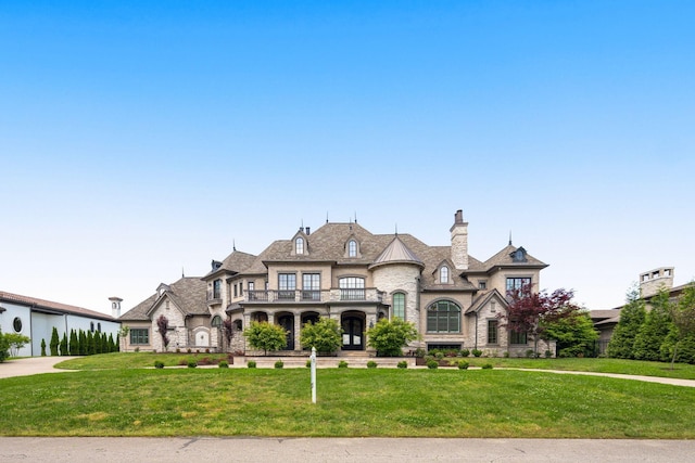 443 Canterbury Rise, Franklin, TN 37067 - french provincial home featuring stone siding, a balcony, a front lawn, and a chimney