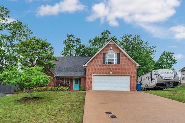 traditional-style house featuring brick siding, concrete driveway, a garage, and a front lawn