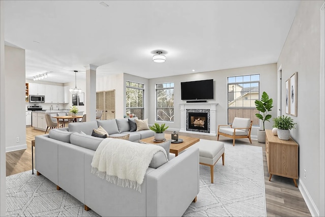 513 Leicester Ct, Franklin, TN 37067 - living room featuring light wood-style floors, a high end fireplace, and track lighting