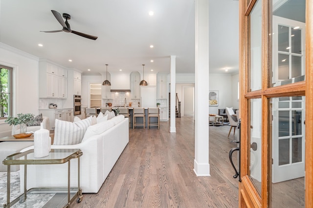 909 Gale Ln Unit A, Nashville, TN 37204 - living room featuring ornamental molding, a ceiling fan, light wood finished floors, and recessed lighting