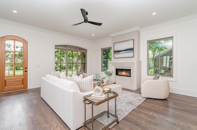 909 Gale Ln Unit A, Nashville, TN 37204 - living room featuring a glass covered fireplace, healthy amount of natural light, a ceiling fan, ornamental molding, and recessed lighting