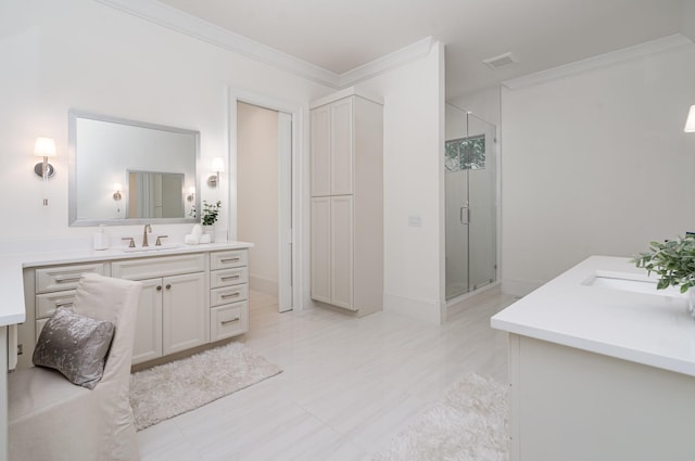 909 Gale Ln Unit A, Nashville, TN 37204 - bathroom with vanity, crown molding, and a stall shower