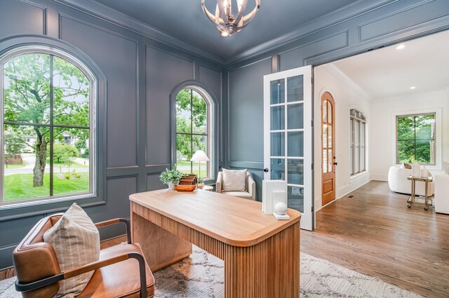909 Gale Ln Unit A, Nashville, TN 37204 - office featuring a decorative wall, crown molding, french doors, a chandelier, and wood finished floors