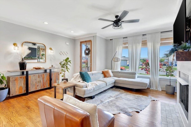 living room with a fireplace, ceiling fan, recessed lighting, wood finished floors, and crown molding