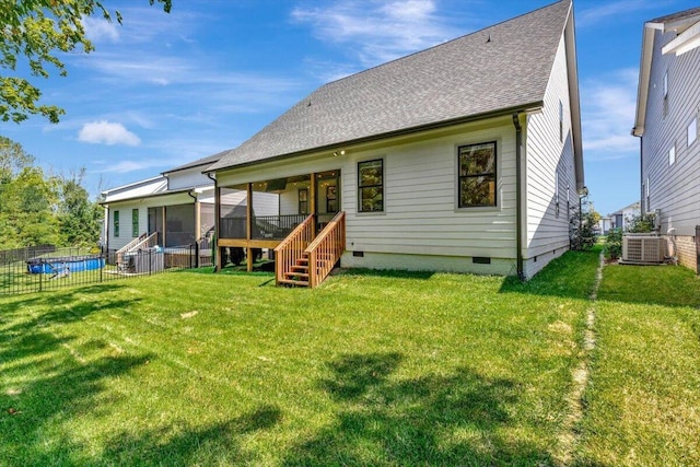 rear view of property with crawl space, a sunroom, roof with shingles, central AC unit, and stairs