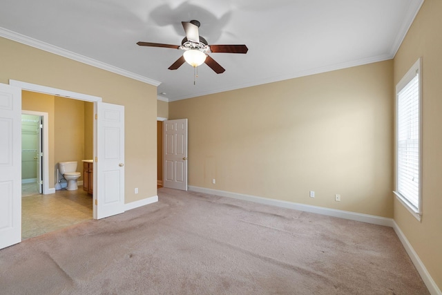 153 Magnolia Glen Cir, Manchester, TN 37355 - unfurnished bedroom with light colored carpet, ornamental molding, baseboards, connected bathroom, and ceiling fan