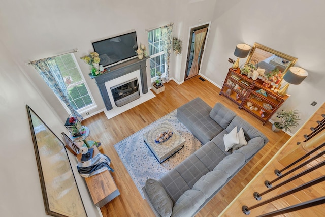 213 Hickory Trl, White House, TN 37188 - living room with wood finished floors, baseboards, a fireplace with flush hearth, and a towering ceiling