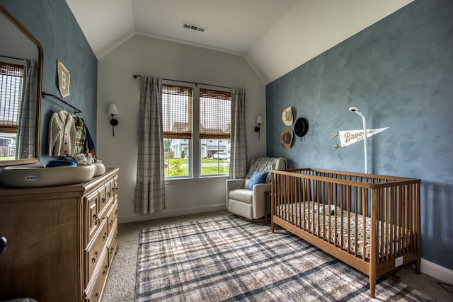 6510 Rusty Blackbird Ct, Murfreesboro, TN 37128 - bedroom featuring vaulted ceiling, a nursery area, carpet, and baseboards