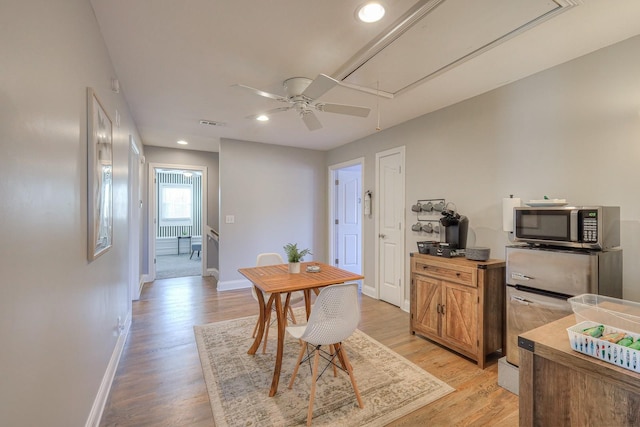 5784 Rock Springs Rd, Smyrna, TN 37167 - dining area featuring attic access, baseboards, ceiling fan, light wood finished floors, and recessed lighting