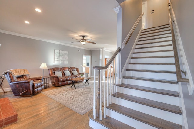 5784 Rock Springs Rd, Smyrna, TN 37167 - stairs with a ceiling fan, ornamental molding, wood finished floors, recessed lighting, and baseboards