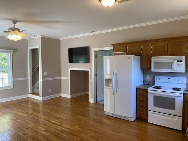 5784 Rock Springs Rd, Smyrna, TN 37167 - kitchen with white appliances, dark wood-type flooring, a ceiling fan, baseboards, and crown molding