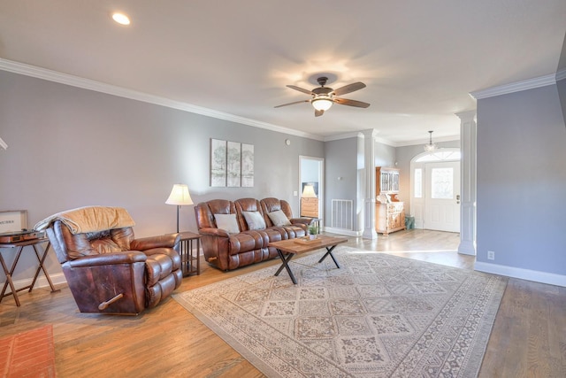 5784 Rock Springs Rd, Smyrna, TN 37167 - living area featuring ornate columns, a ceiling fan, wood finished floors, ornamental molding, and baseboards