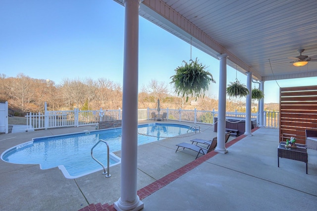 5784 Rock Springs Rd, Smyrna, TN 37167 - view of pool with a ceiling fan, fence, a hot tub, and a patio