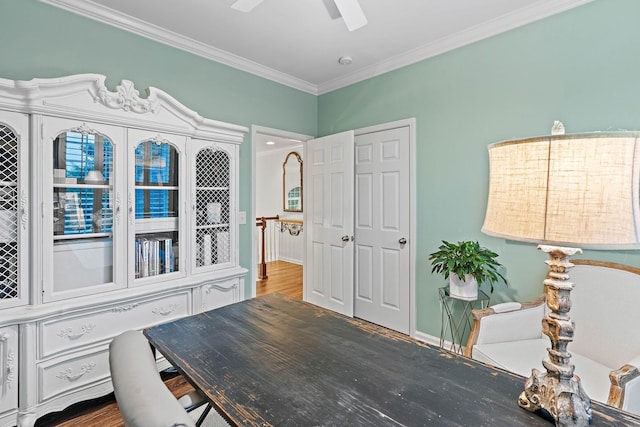 1013 Nealcrest Cir, Spring Hill, TN 37174 - home office with ornamental molding, a ceiling fan, baseboards, and wood finished floors