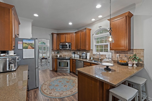 1013 Nealcrest Cir, Spring Hill, TN 37174 - kitchen with appliances with stainless steel finishes, a sink, crown molding, dark wood-style flooring, and brown cabinetry