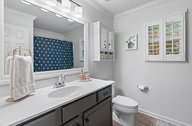 1013 Nealcrest Cir, Spring Hill, TN 37174 - full bathroom featuring toilet, ornamental molding, tile patterned flooring, vanity, and curtained shower